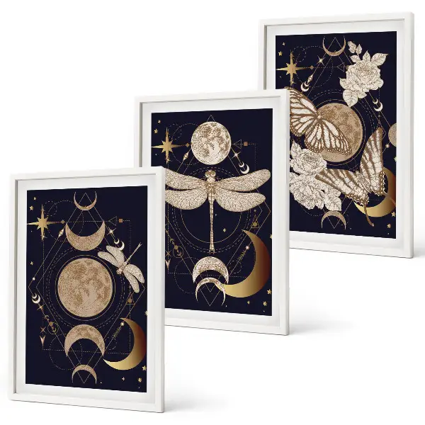 Three-piece wall art set with nature motifs and moon flowers