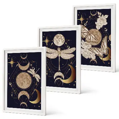 Three-piece wall art set with nature motifs and moon flowers