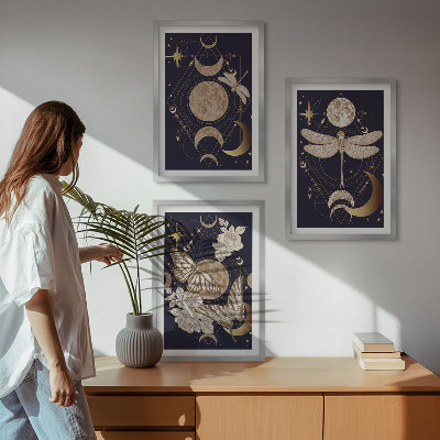 Three-piece wall art piece Nature motifs moon flowers