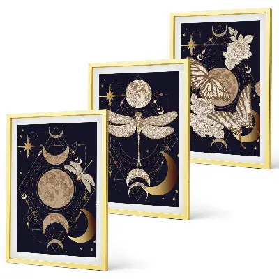 Three-piece wall art set with nature motifs and moon flowers