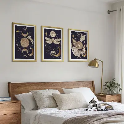 Three-piece wall art set with nature motifs and moon flowers