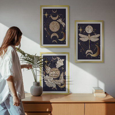 Three-piece wall art piece Nature motifs moon flowers