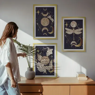 Three-piece wall art set with nature motifs and moon flowers