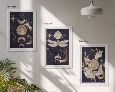 Three-piece wall art set with nature motifs and moon flowers