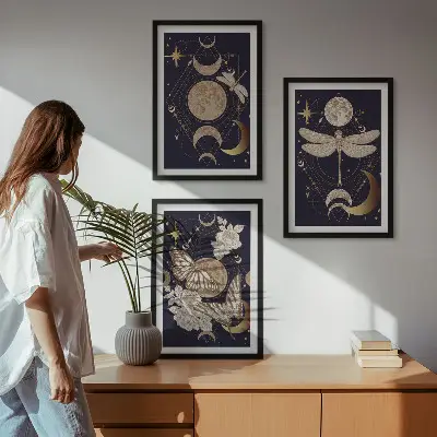 Three-piece wall art set with nature motifs and moon flowers