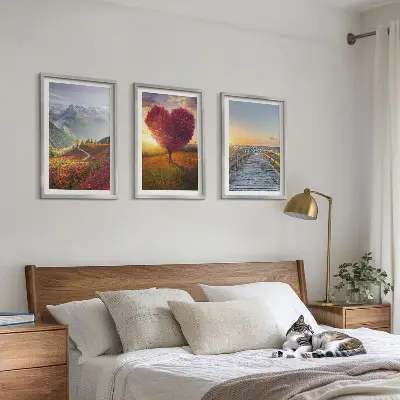 Wall art set featuring landscape scenes of mountains, trees, a heart, and a pier