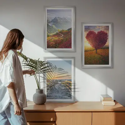 Wall art set featuring landscape scenes of mountains, trees, a heart, and a pier