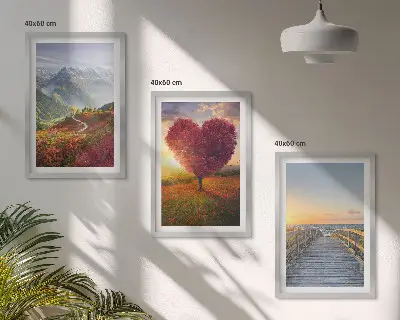 Wall art set featuring landscape scenes of mountains, trees, a heart, and a pier