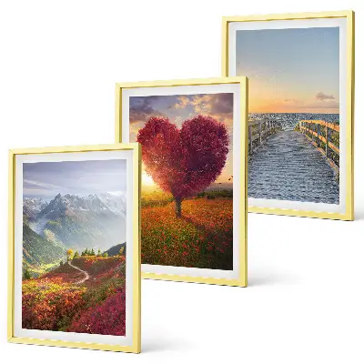 Wall art set featuring landscape scenes of mountains, trees, a heart, and a pier
