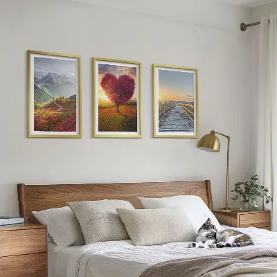 Wall art set featuring landscape scenes of mountains, trees, a heart, and a pier