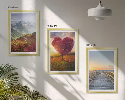 Wall art set featuring landscape scenes of mountains, trees, a heart, and a pier