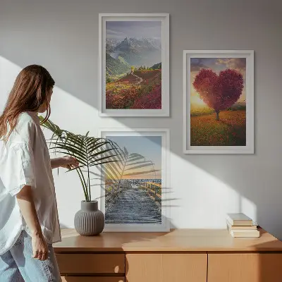 Wall art set featuring landscape scenes of mountains, trees, a heart, and a pier