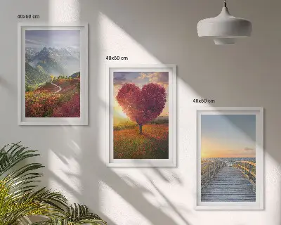 Wall art set featuring landscape scenes of mountains, trees, a heart, and a pier