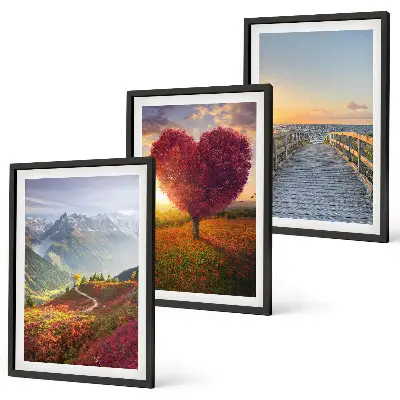 Wall art set featuring landscape scenes of mountains, trees, a heart, and a pier