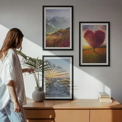 Wall art set featuring landscape scenes of mountains, trees, a heart, and a pier