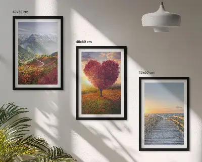Wall art set featuring landscape scenes of mountains, trees, a heart, and a pier