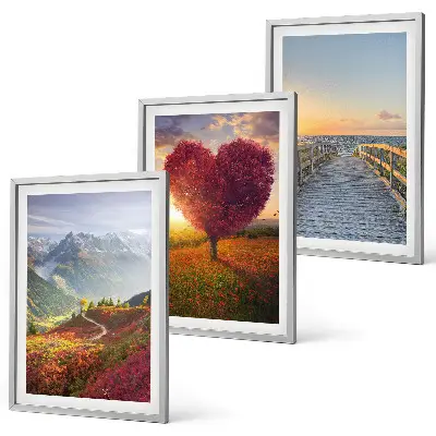 Wall art set featuring landscape scenes of mountains, trees, a heart, and a pier