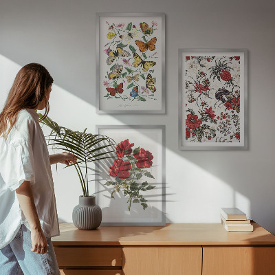 Set of 3 framed wall art pieces Butterflies flowers red roses