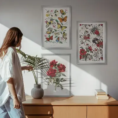 Set of 3 framed wall art pieces featuring butterflies and red roses