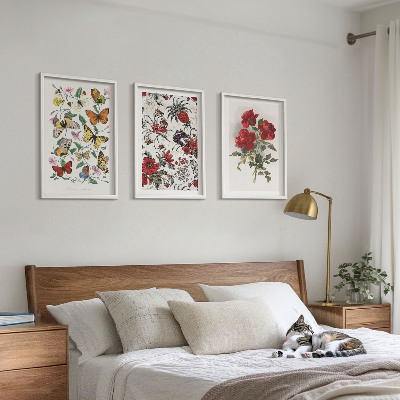 Set of 3 framed wall art pieces Butterflies flowers red roses