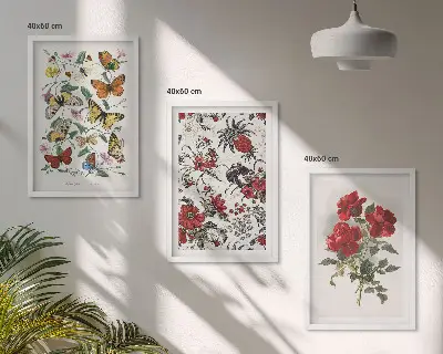 Set of 3 framed wall art pieces featuring butterflies and red roses
