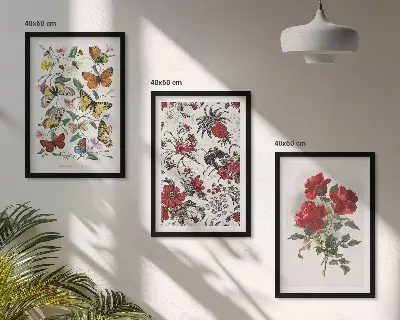 Set of 3 framed wall art pieces featuring butterflies and red roses