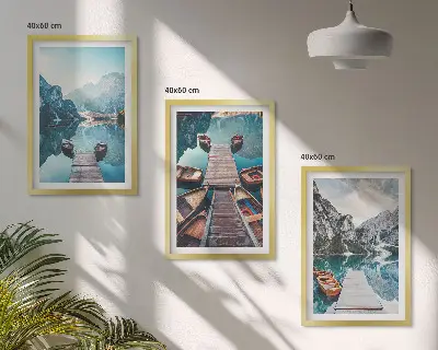 Wall art set featuring a peaceful lake with piers and boats