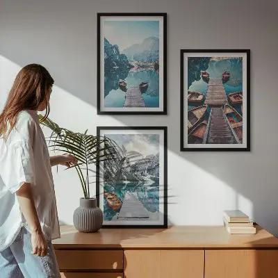 Wall art set featuring a peaceful lake with piers and boats