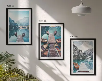 Wall art set featuring a peaceful lake with piers and boats