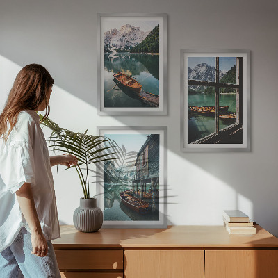 Three-piece wall art piece Mountain lake boats house