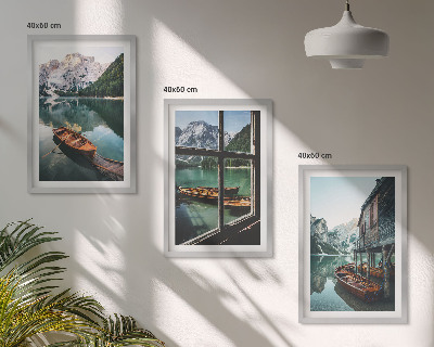 Three-piece wall art piece Mountain lake boats house