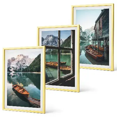 Three-piece mountain lake boats wall art featuring a landscape with a house