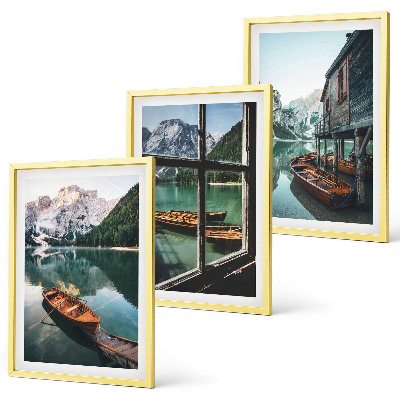 Three-piece wall art piece Mountain lake boats house