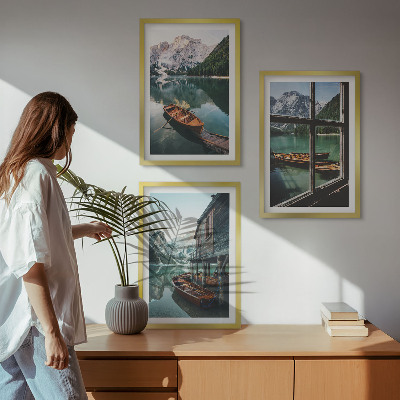 Three-piece wall art piece Mountain lake boats house