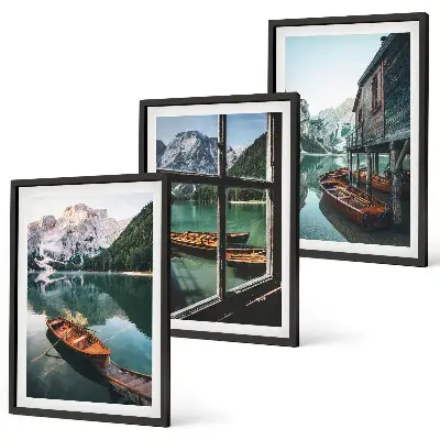 Three-piece mountain lake boats wall art featuring a landscape with a house