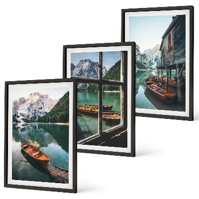 Three-piece wall art piece Mountain lake boats house