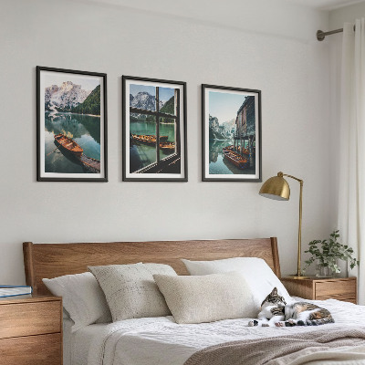 Three-piece wall art piece Mountain lake boats house