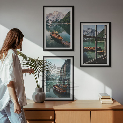 Three-piece wall art piece Mountain lake boats house
