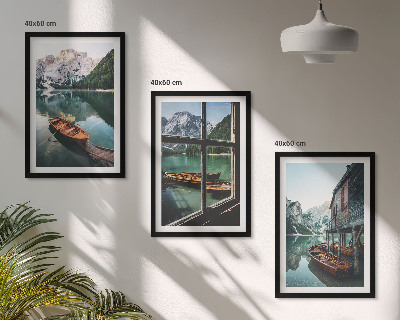 Three-piece wall art piece Mountain lake boats house