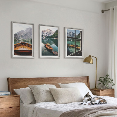 Set of 3 framed wall art pieces Mountain lake boats window