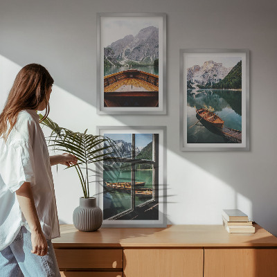 Set of 3 framed wall art pieces Mountain lake boats window