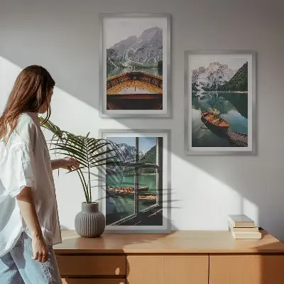 Mountain lake boats window framed wall art set of 3 pieces
