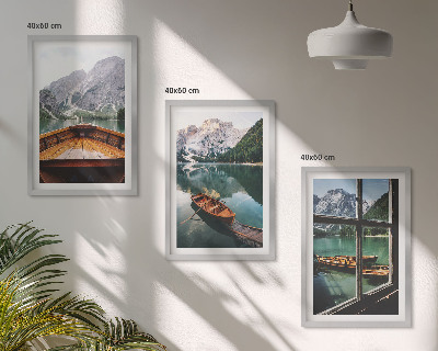 Set of 3 framed wall art pieces Mountain lake boats window