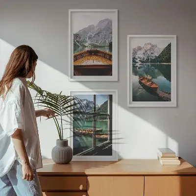 Mountain lake boats window framed wall art set of 3 pieces