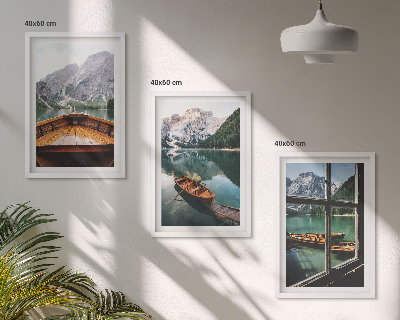 Set of 3 framed wall art pieces Mountain lake boats window