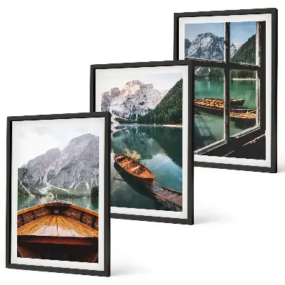 Mountain lake boats window framed wall art set of 3 pieces
