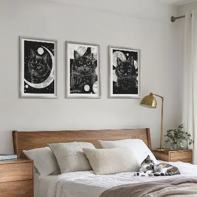 Black cats moon space wall art three-piece wall art set
