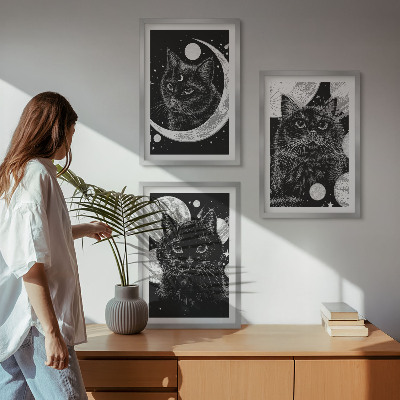 Three-piece wall art piece Black cats moon space