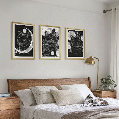 Three-piece wall art piece Black cats moon space