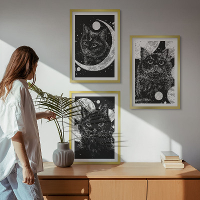 Three-piece wall art piece Black cats moon space